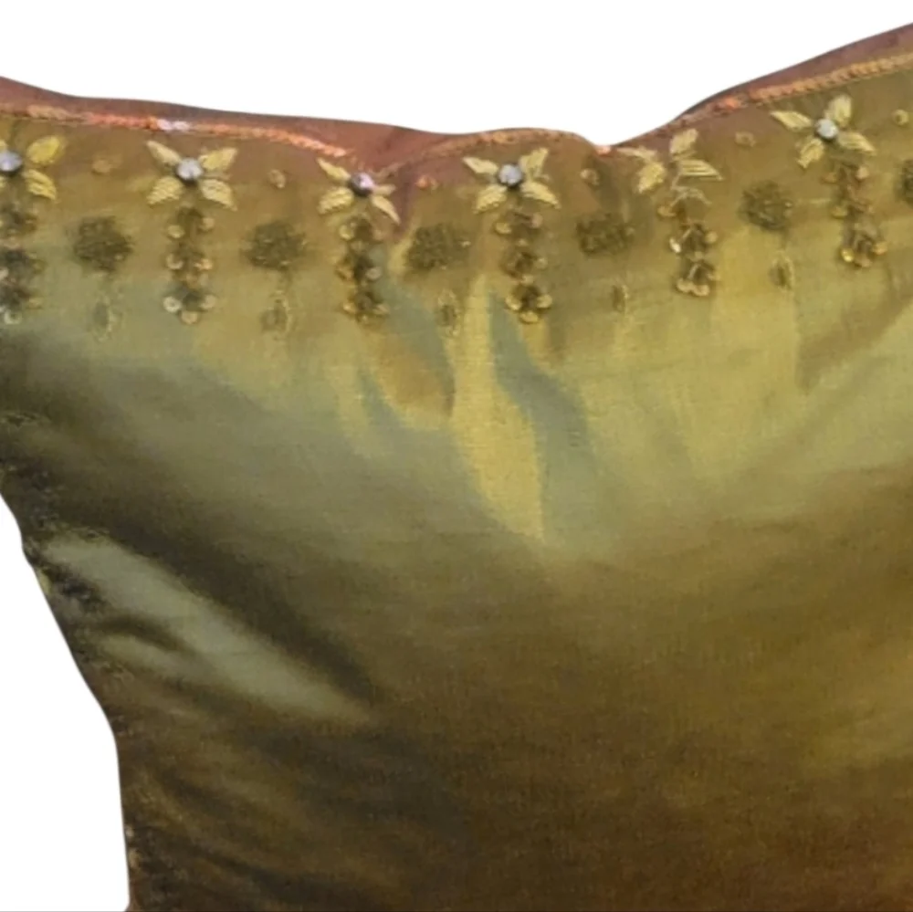 VTG Pillow Embellished Gold Fabric Beaded Pattern Sequence India 1990, 17